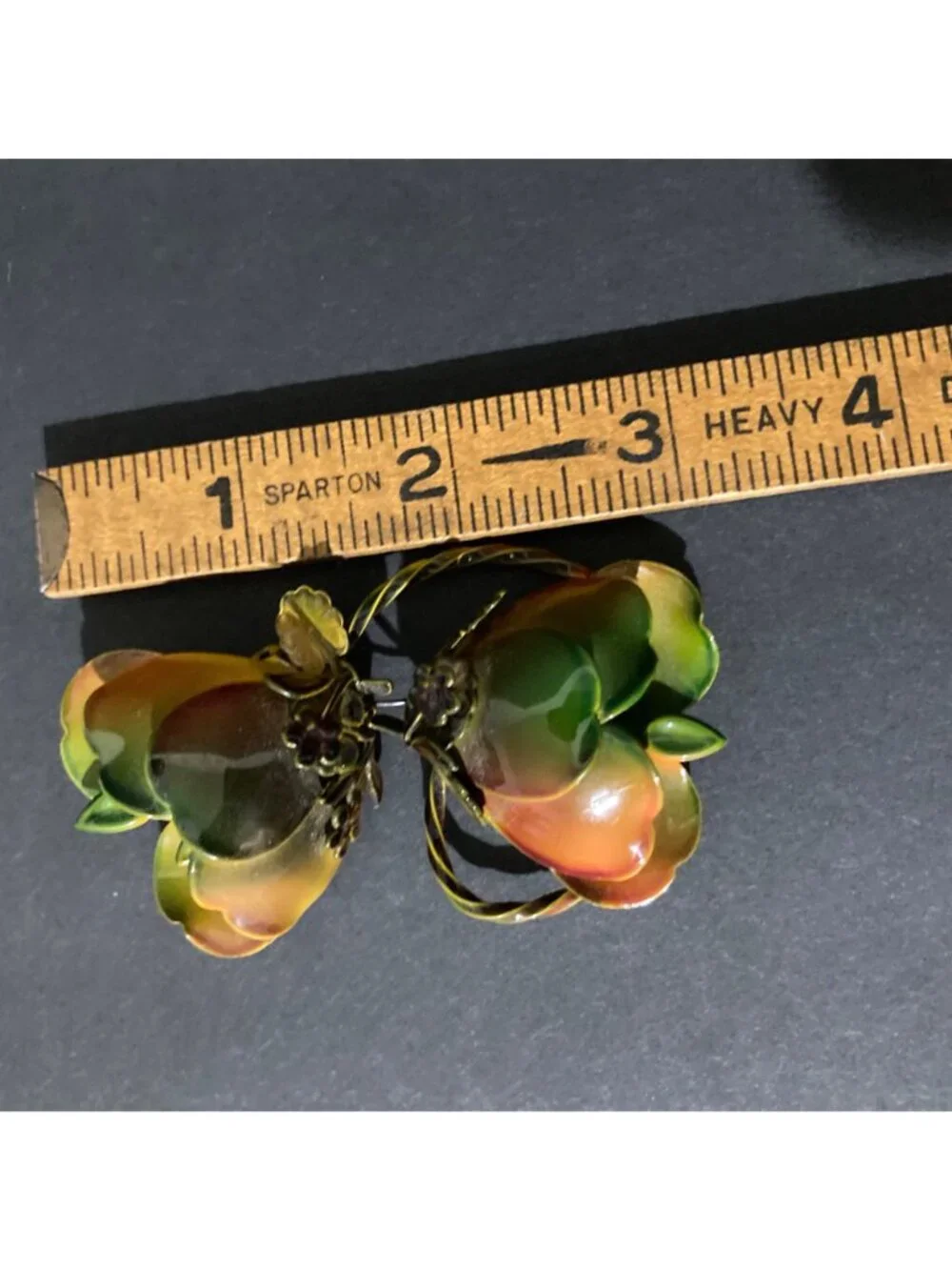 Vintage Enamel Metal Scarf Brooch Green And Orange Floral Design 3